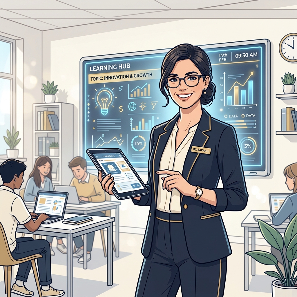 Teacher holding a digital tablet in front of a smart board illustration